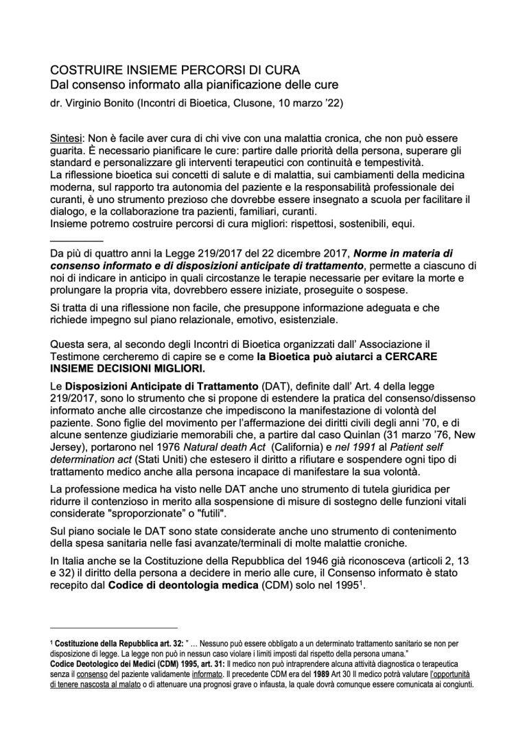 Dispensa del dott. Virginio Bonito 10/03/2003 “Dal consenso informato alla pianificazione delle cure”