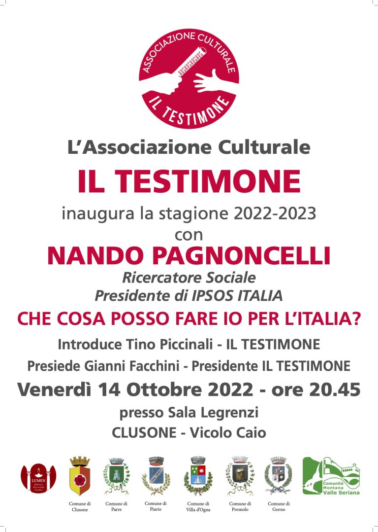 COSA POSSO FARE IO PER L’ITALIA? Con Nando Pagnoncelli riparte l’attività culturale: vi aspettiamo il 14 ottobre 2022 in Sala Legrenzi.